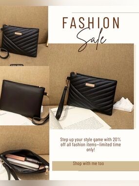 Black Quilted Wristlet Clutch Bag /Makeup Bag✨ Gold Detail Vegan Leather